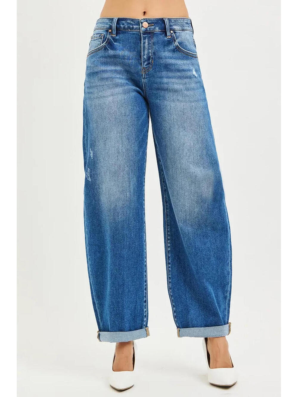 RISEN Full Size Mid Rise Barrel Double Roll Up Jeans Plus Size